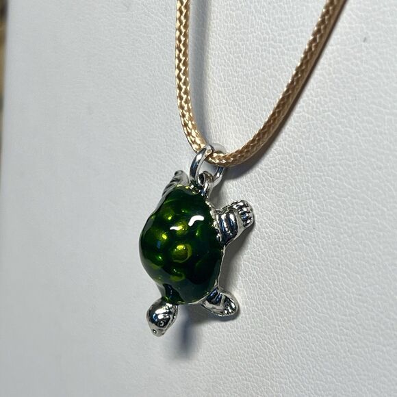 Green And Silver Turtle Charm Necklace On 18" Waxed Cord w/ Extension - Picture 2 of 9